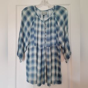 Anthropologie Maeve Peasant Blouse In Blue and Ivory/Cream Sz M